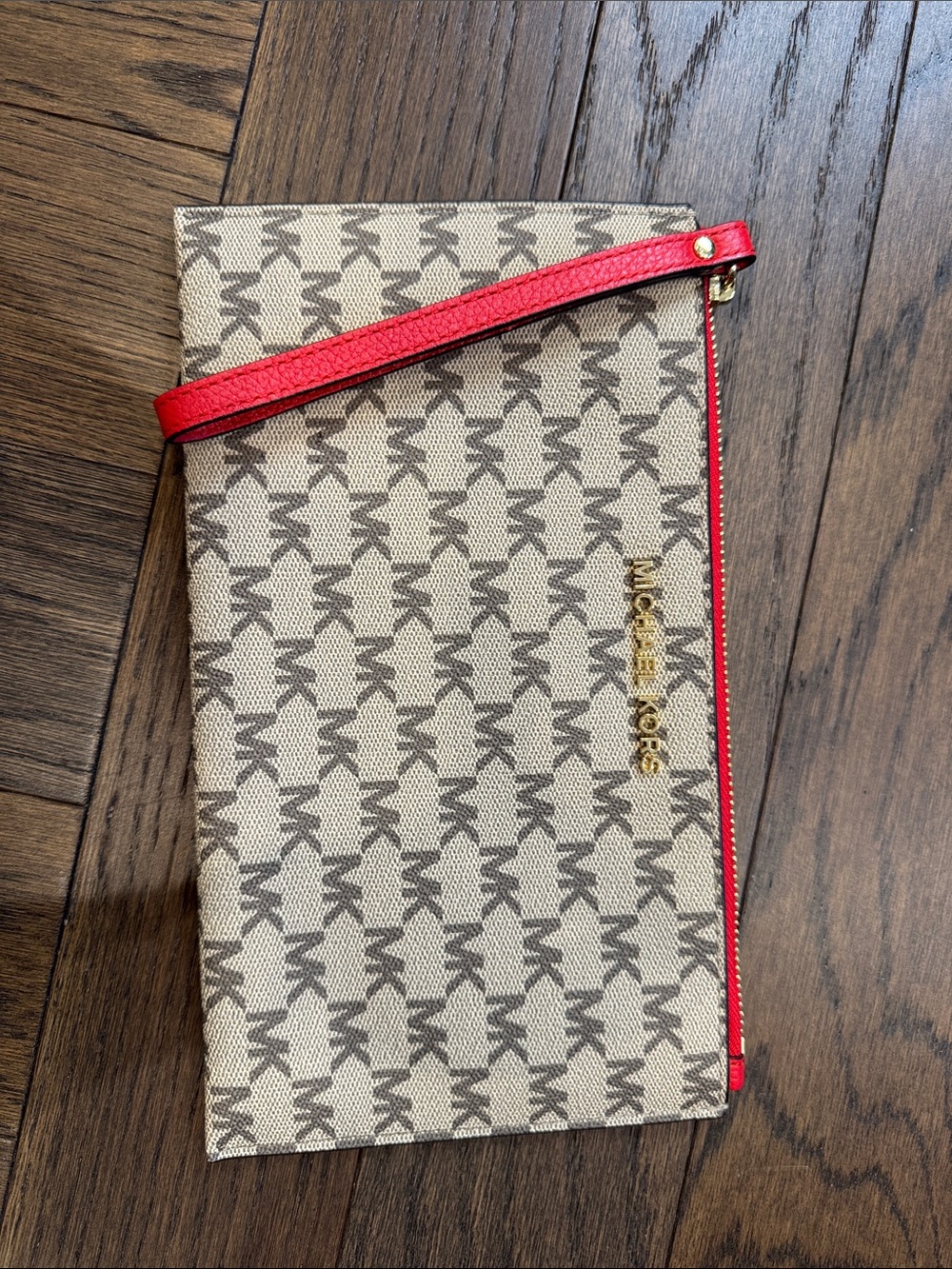 Michael Kors Beige MK Logo Wristlet with Red Trim